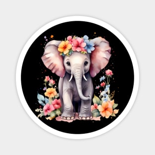 A baby elephant decorated with beautiful watercolor flowers Magnet